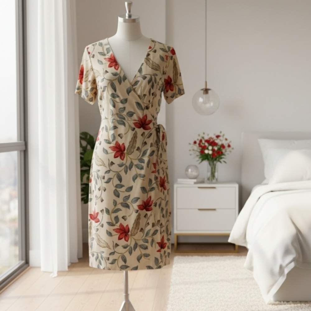 ADRIANNA PAPELL 100% Silk Floral Wrap Dress Vintage Sz 14 NWOT